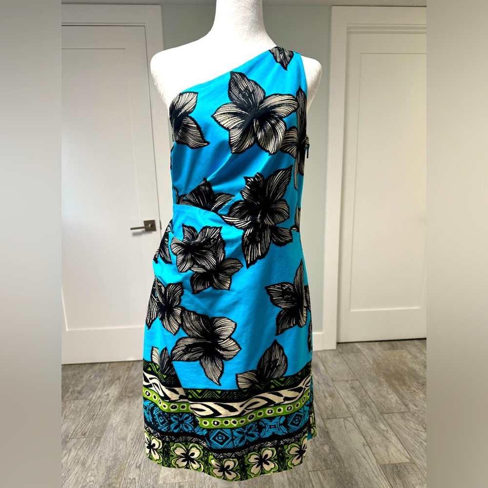 Muse One-Shoulder Floral Dress in Turquoise with Black and Green Trim